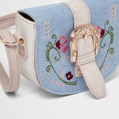 Girls blue embroidered cross body saddle bag